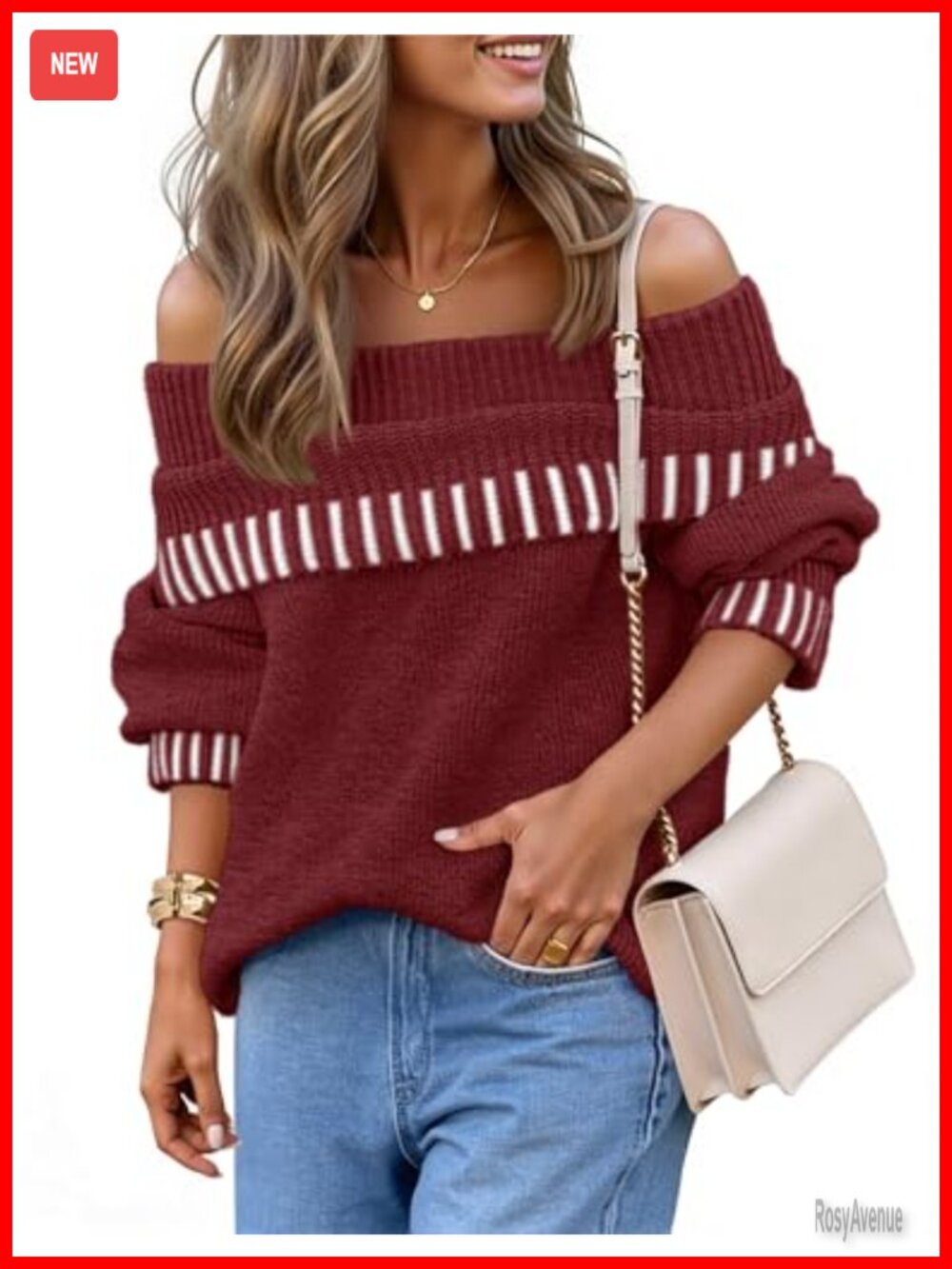 Off Shoulder Knit Sweater Striped Pullover Long Sleeve